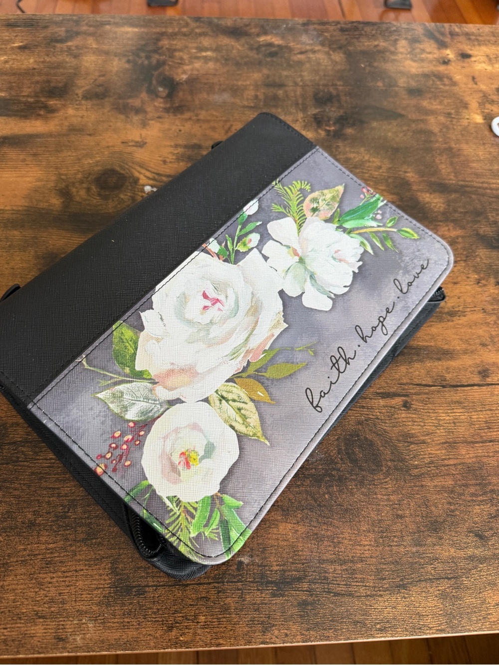 Floral Tablet Folio with "Faith, Hope, Love" Script - Black & Gray